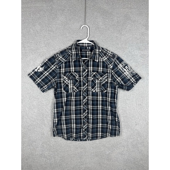 Affliction Shirt Mens L Blue Plaid Button Up Short Sleeve Embroidered Buckle - Picture 1 of 7